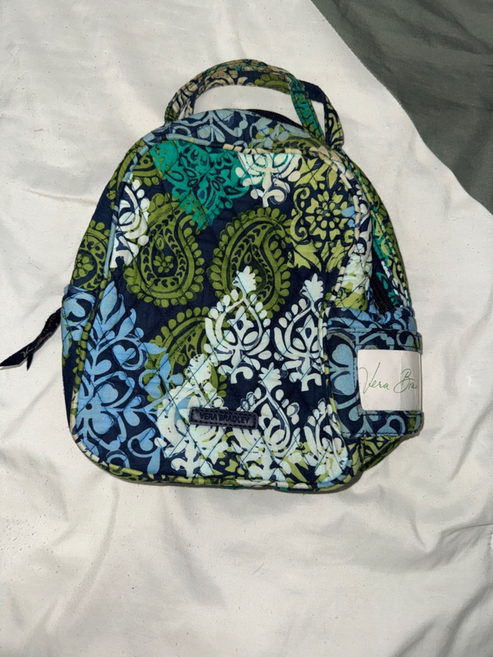 Vera Bradley Quilted Lunch Bag in Navy, Green & Light Blue Paisley